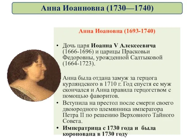 Анна Иоановна (1693-1740) Дочь царя Иоанна V Алексеевича (1666-1696) и царицы Прасковьи