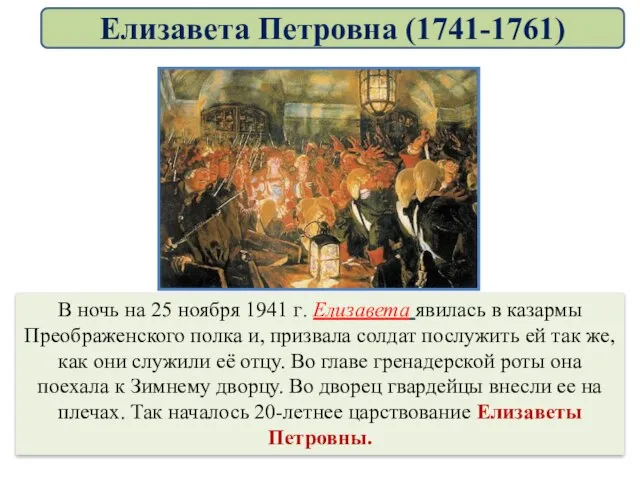 В ночь на 25 ноября 1941 г. Елизавета явилась в казармы Преображенского