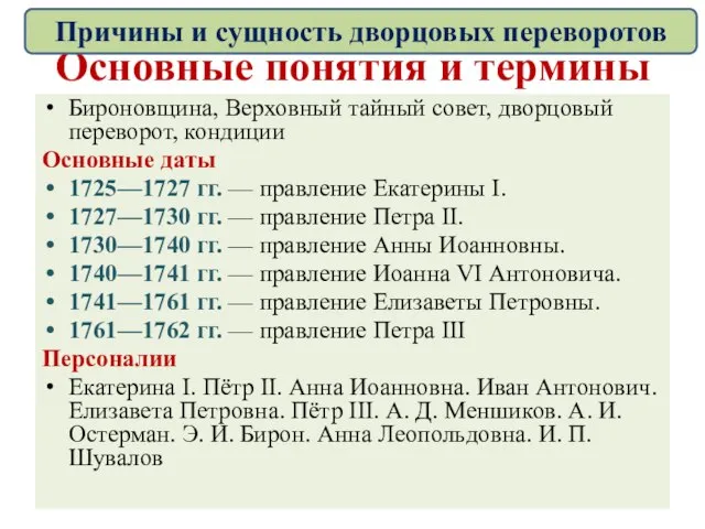Основные понятия и термины Бироновщина, Верховный тайный совет, дворцовый переворот, кондиции Основные