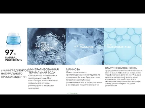 97% ИНГРЕДИЕНТОВ НАТУРАЛЬНОГО ПРОИСХОЖДЕНИЯ ГИАЛУРОНОВАЯ КИСЛОТА Природный компонент человеческой кожи и один