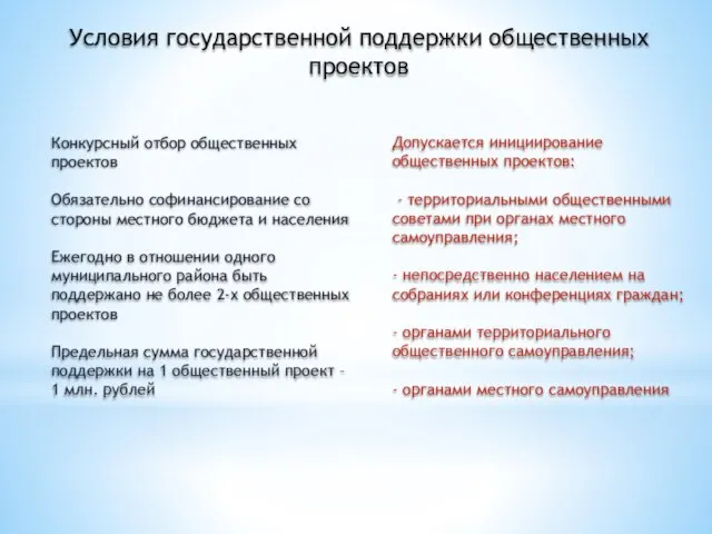 Условия государственной поддержки общественных проектов Конкурсный отбор общественных проектов Обязательно софинансирование со