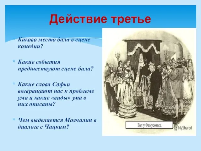 Действие третье Каково место бала в сцене комедии? Какие события предшествуют сцене