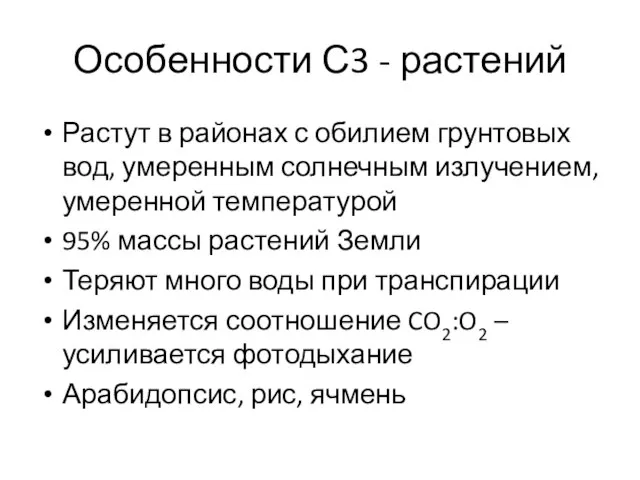 Особенности С3 - растений Растут в районах с обилием грунтовых вод, умеренным