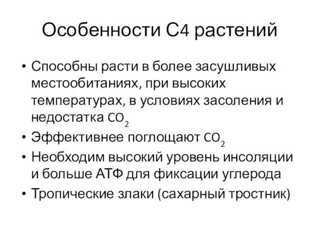 Особенности С4 растений Способны расти в более засушливых местообитаниях, при высоких температурах,