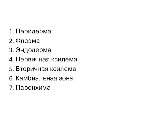 1. Перидерма 2. Флоэма 3. Эндодерма 4. Первичная ксилема 5. Вторичная ксилема