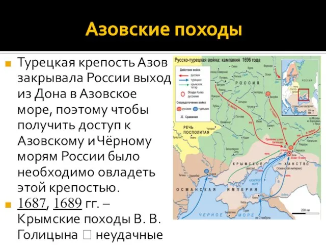Азовские походы Турецкая крепость Азов закрывала России выход из Дона в Азовское