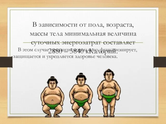 В зависимости от пола, возраста, массы тела минимальная величина суточных энергозатрат составляет