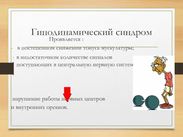 Гиподинамический синдром Проявляется : - в постепенном снижении тонуса мускулатуры; в недостаточном