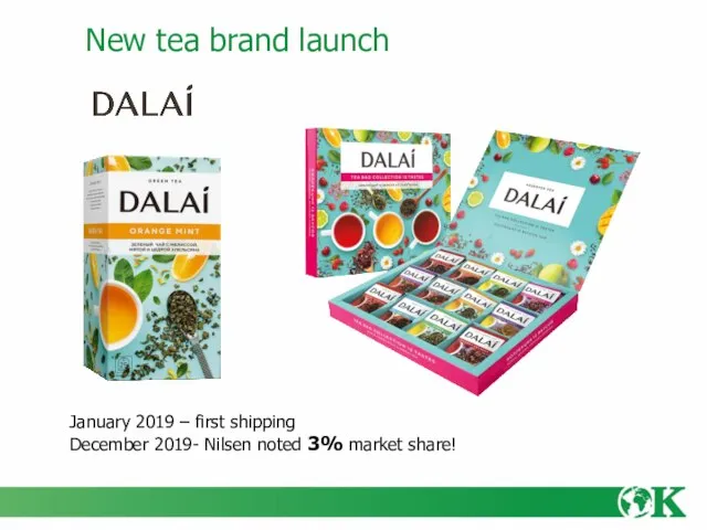 New tea brand launch January 2019 – first shipping December 2019- Nilsen noted 3% market share!