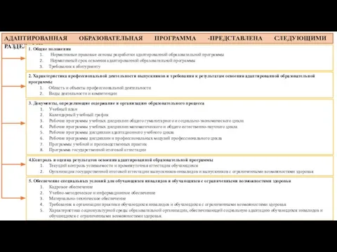 АДАПТИРОВАННАЯ ОБРАЗОВАТЕЛЬНАЯ ПРОГРАММА -ПРЕДСТАВЛЕНА СЛЕДУЮЩИМИ РАЗДЕЛАМИ: 1. Общие положения Нормативные правовые основы