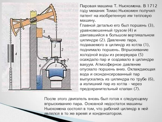 Паровая машина Т. Ньюкомена. В 1712 году механик Томас Ньюкомен получил патент