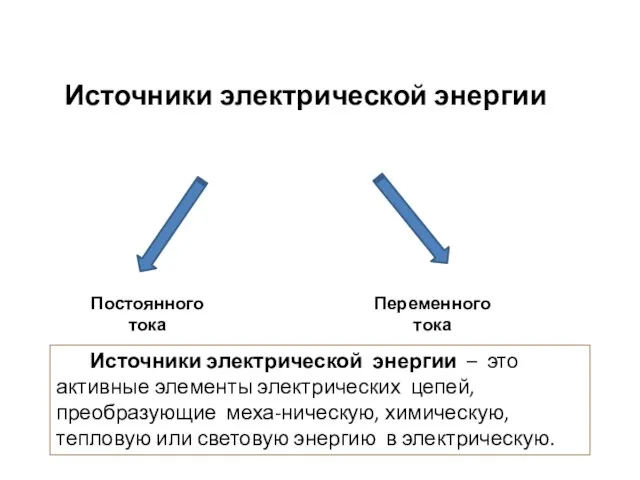 Источники электрической энергии Постоянного тока Переменного тока Источники электрической энергии – это