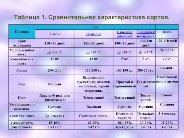 Таблица 1. Сравнительная характеристика сортов.