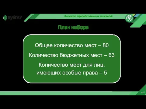 6|27 Факультет перерабатывающих технологий План набора