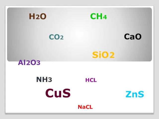 H2O CH4 CO2 CaO SiO2 Al2O3 NH3 HCL CuS ZnS NaCL