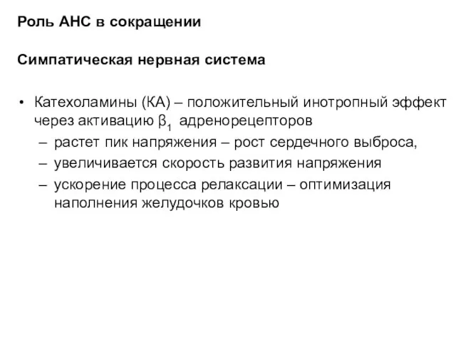 Роль АНС в сокращении Симпатическая нервная система Катехоламины (КА) – положительный инотропный