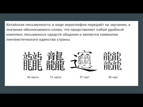 Китайская письменность в виде иероглифов передаёт не звучание, а значение обозначаемого слова,