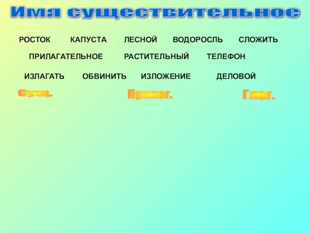 Имя существительное РОСТОК КАПУСТА ЛЕСНОЙ ВОДОРОСЛЬ ПРИЛАГАТЕЛЬНОЕ РАСТИТЕЛЬНЫЙ СЛОЖИТЬ ТЕЛЕФОН ИЗЛАГАТЬ ОБВИНИТЬ