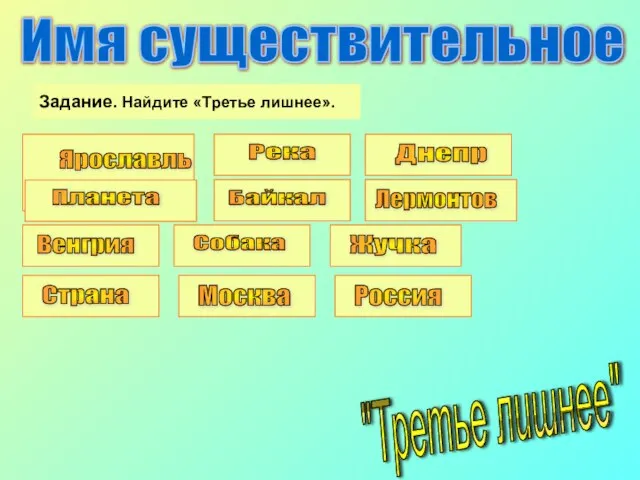 Задание. Найдите «Третье лишнее». Имя существительное Ярославль Река Днепр Планета Байкал Лермонтов