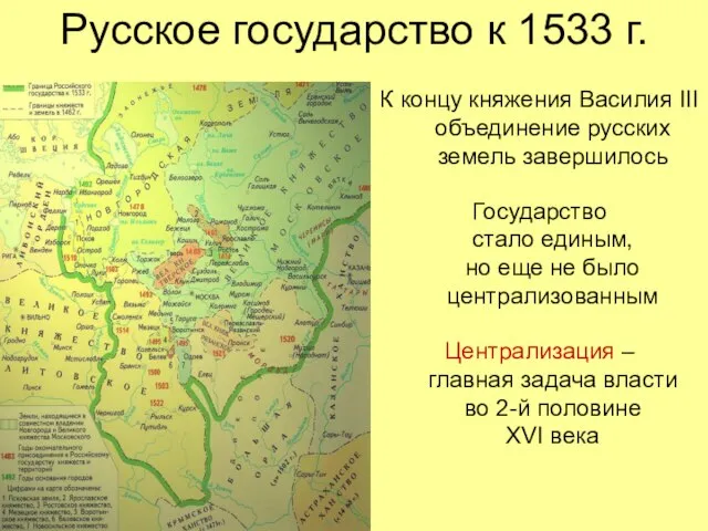 Русское государство к 1533 г. К концу княжения Василия III объединение русских