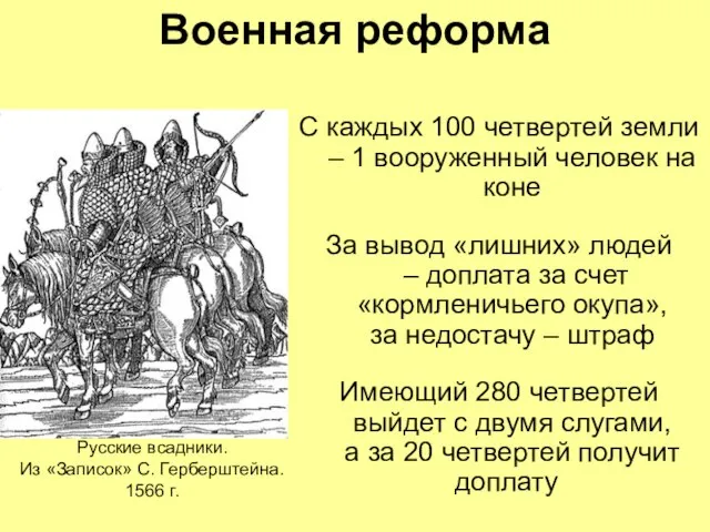 Военная реформа С каждых 100 четвертей земли – 1 вооруженный человек на