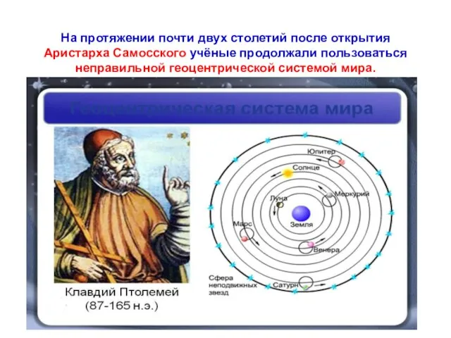 На протяжении почти двух столетий после открытия Аристарха Самосского учёные продолжали пользоваться неправильной геоцентрической системой мира.