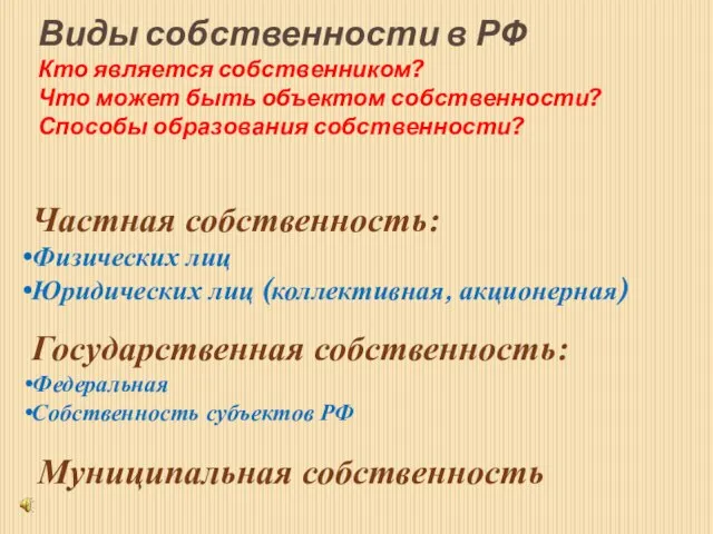 Виды собственности в РФ Кто является собственником? Что может быть объектом собственности?