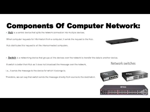 Components Of Computer Network: Hub is a central device that splits the