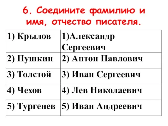 6. Соедините фамилию и имя, отчество писателя.