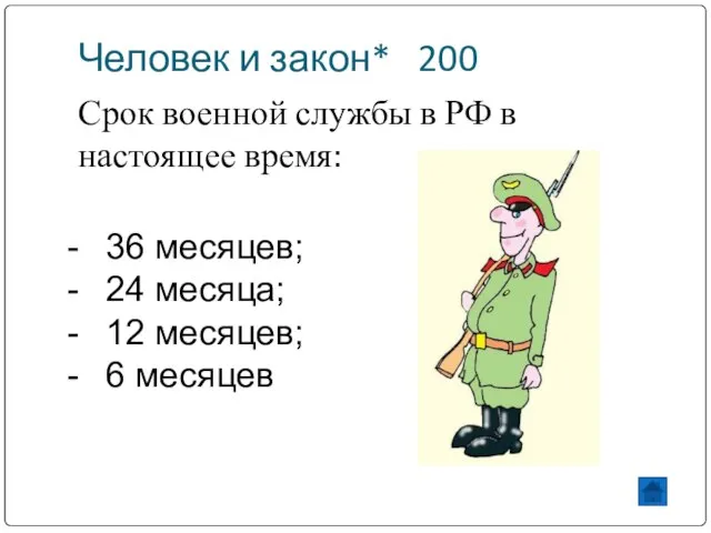 Человек и закон* 200 Срок военной службы в РФ в настоящее время: