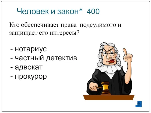 Человек и закон* 400 Кто обеспечивает права подсудимого и защищает его интересы?