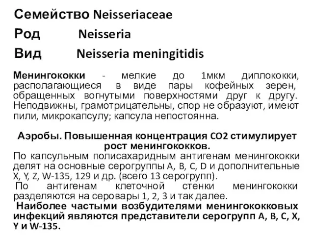 Семейство Neisseriaceae Род Neisseria Вид Neisseria meningitidis Менингококки - мелкие до 1мкм