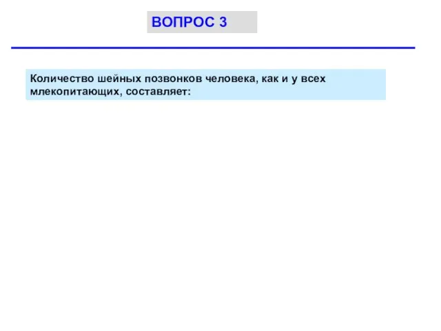 Количество шейных позвонков человека, как и у всех млекопитающих, составляет: ВОПРОС 3