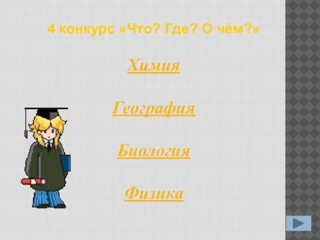 4 конкурс «Что? Где? О чём?» Химия География Биология Физика