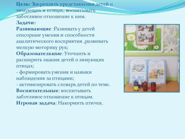 Цель: Закреплять представления детей о зимующих и птицах, воспитывать заботливое отношение к