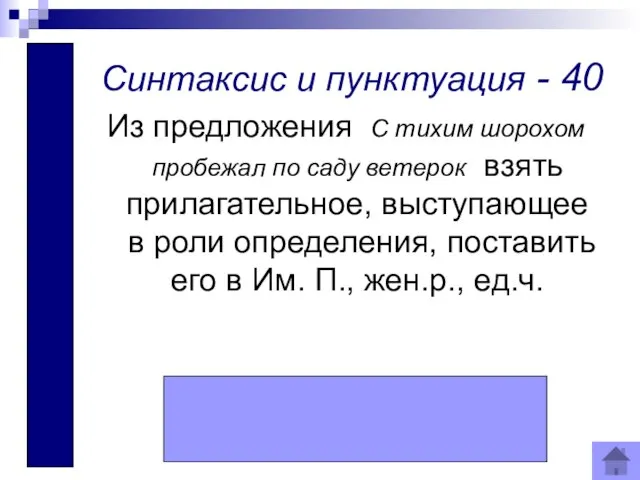 тихая Синтаксис и пунктуация - 40 Из предложения С тихим шорохом пробежал