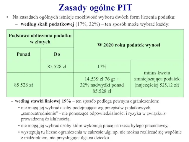 Na zasadach ogólnych istnieje możliwość wyboru dwóch form liczenia podatku: według skali