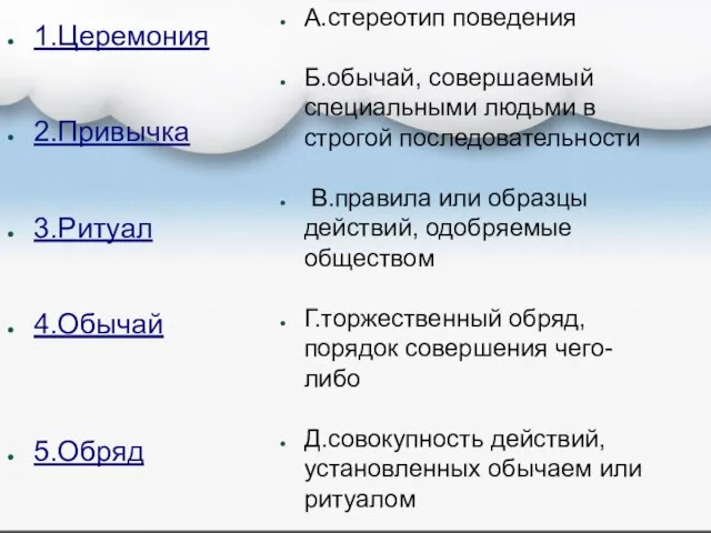 А.стереотип поведения Б.обычай, совершаемый специальными людьми в строгой последовательности В.правила или образцы