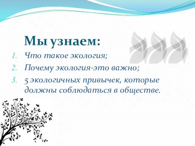 Мы узнаем: Что такое экология; Почему экология-это важно; 5 экологичных привычек, которые должны соблюдаться в обществе.