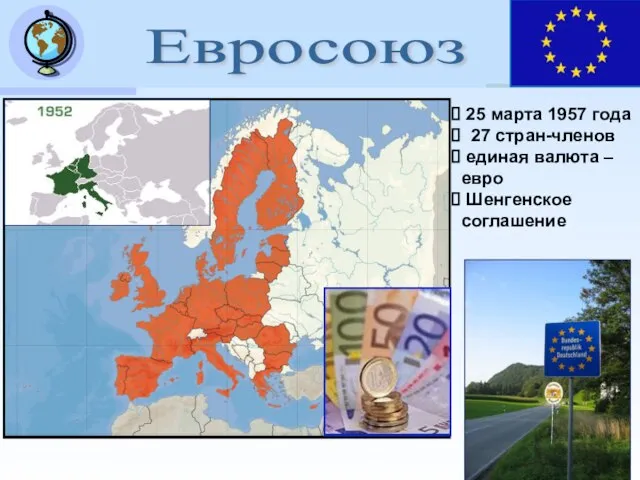 Евросоюз 25 марта 1957 года 27 стран-членов единая валюта – евро Шенгенское соглашение