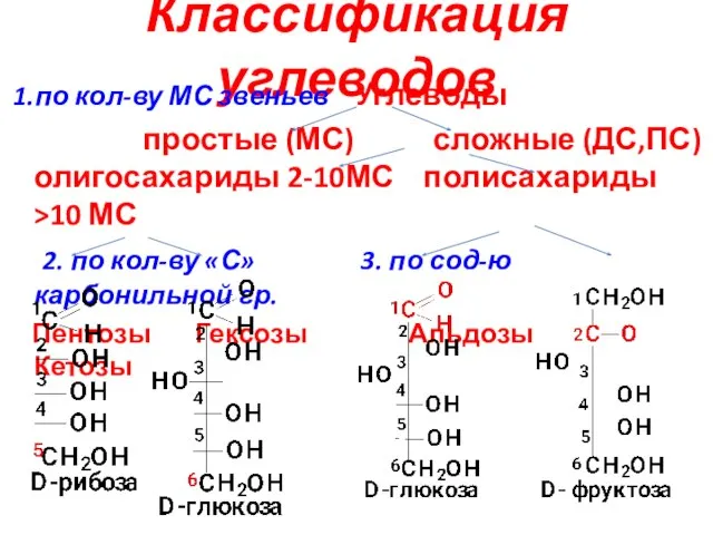 Классификация углеводов 1.по кол-ву МС звеньев Углеводы простые (МС) сложные (ДС,ПС) олигосахариды