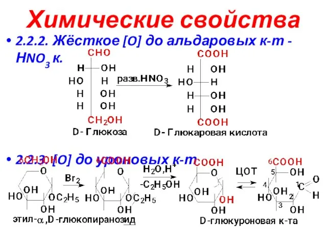 Химические свойства 2.2.2. Жёсткое [O] до альдаровых к-т - НNO3 к. 2.2.3. [O] до уроновых к-т