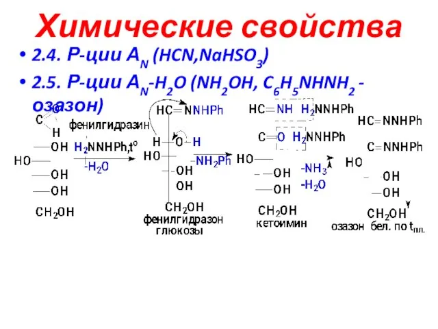Химические свойства 2.4. Р-ции АN (HCN,NaHSO3) 2.5. Р-ции АN-H2O (NH2OH, C6H5NHNH2 - озазон)