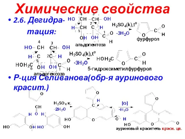 Химические свойства 2.6. Дегидра- тация: Р-ция Селиванова(обр-я ауринового красит.)