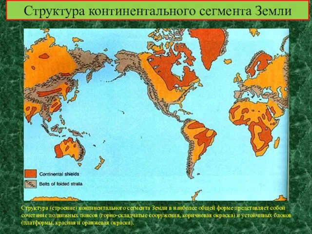 Структура (строение) континентального сегмента Земли в наиболее общей форме представляет собой сочетание