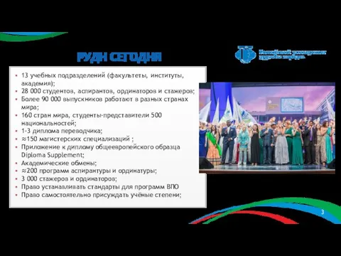 РУДН СЕГОДНЯ 13 учебных подразделений (факультеты, институты, академия); 28 000 студентов, аспирантов,