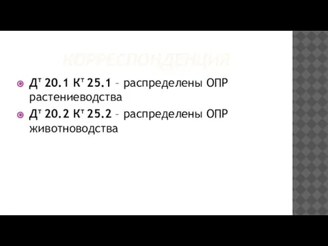 КОРРЕСПОНДЕНЦИЯ Дт 20.1 Кт 25.1 – распределены ОПР растениеводства Дт 20.2 Кт