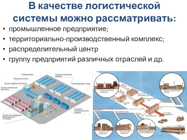 В качестве логистической системы можно рассматривать: промышленное предприятие; территориально-производственный комплекс; распределительный центр