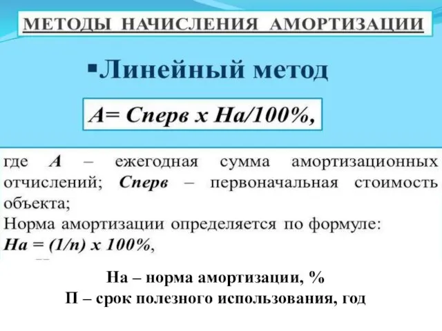 На – норма амортизации, % П – срок полезного использования, год