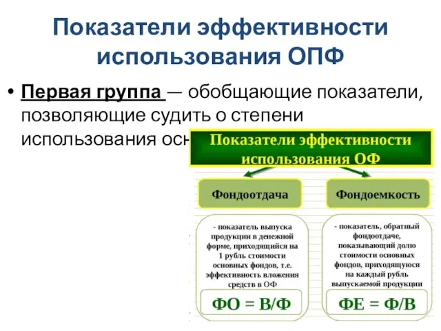 Показатели эффективности использования ОПФ Первая группа — обобщающие показатели, позволяющие судить о степени использования основных фондов.